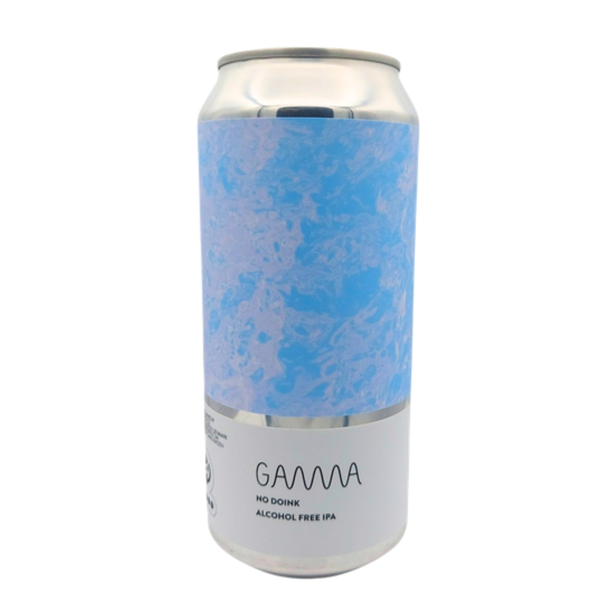 Blik Gamma Brewing No Doink, alcoholvrije IPA, met lichtblauw gemarmerd label