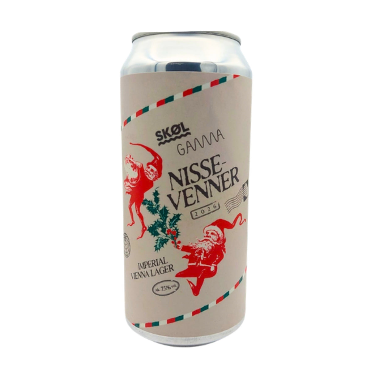 Blik SKØL x Gamma Nisse-venner 2026, imperial Vienna lager 7,5%, met kerstkabouters en hulst