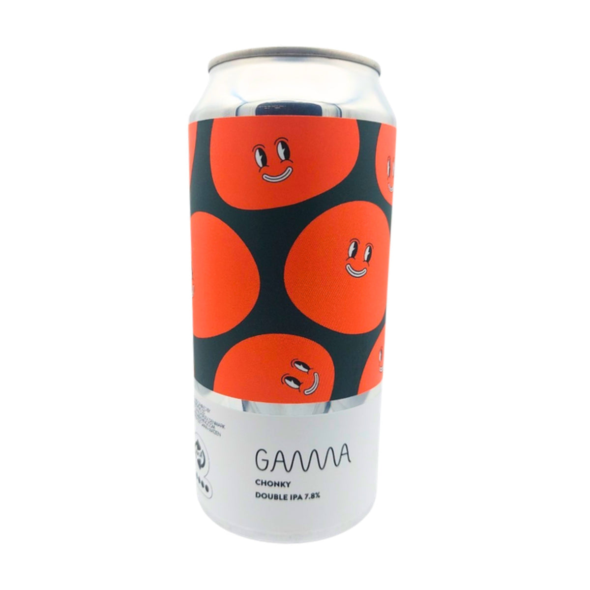 Blik Gamma Brewing Chonky, double IPA 7,8%, met oranje lachende figuren op donker label