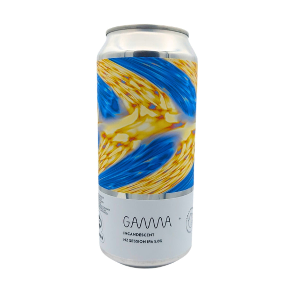 Blik Gamma Brewing Incandescent, NZ session IPA 5,0%, met blauw-geel abstract label