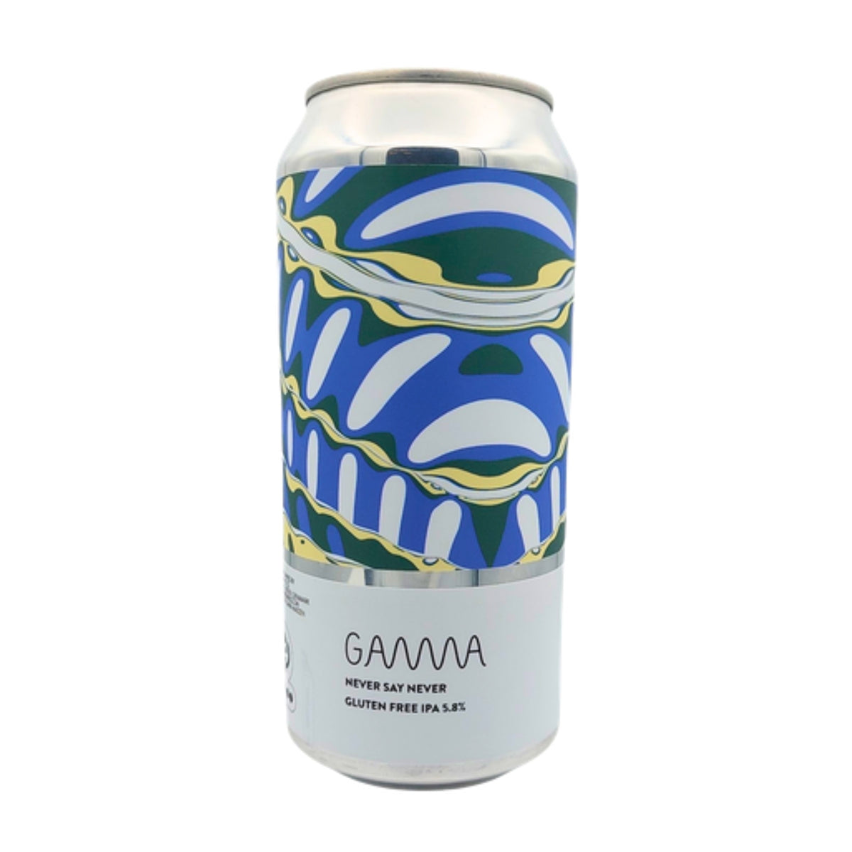 Blik Gamma Brewing Never Say Never, glutenvrije IPA 5,8%, met blauw-groen golvend label