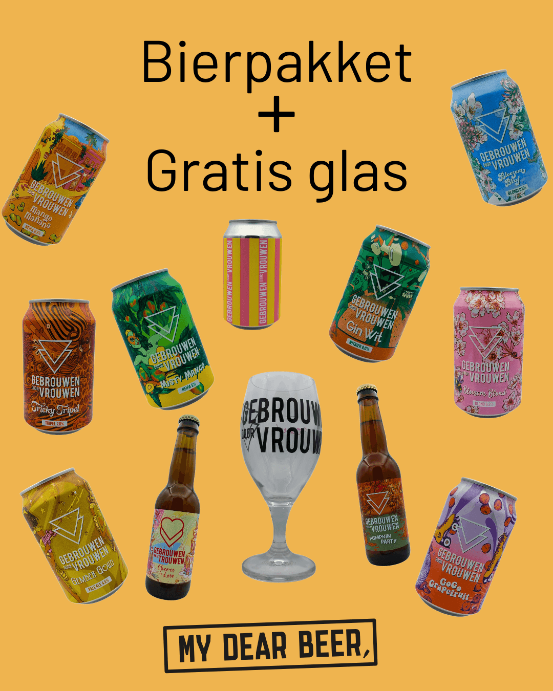 Inhoud van het bierpakket Gebrouwen Door Vrouwen Bierpakket met Gratis Bierglas van My Dear Beer