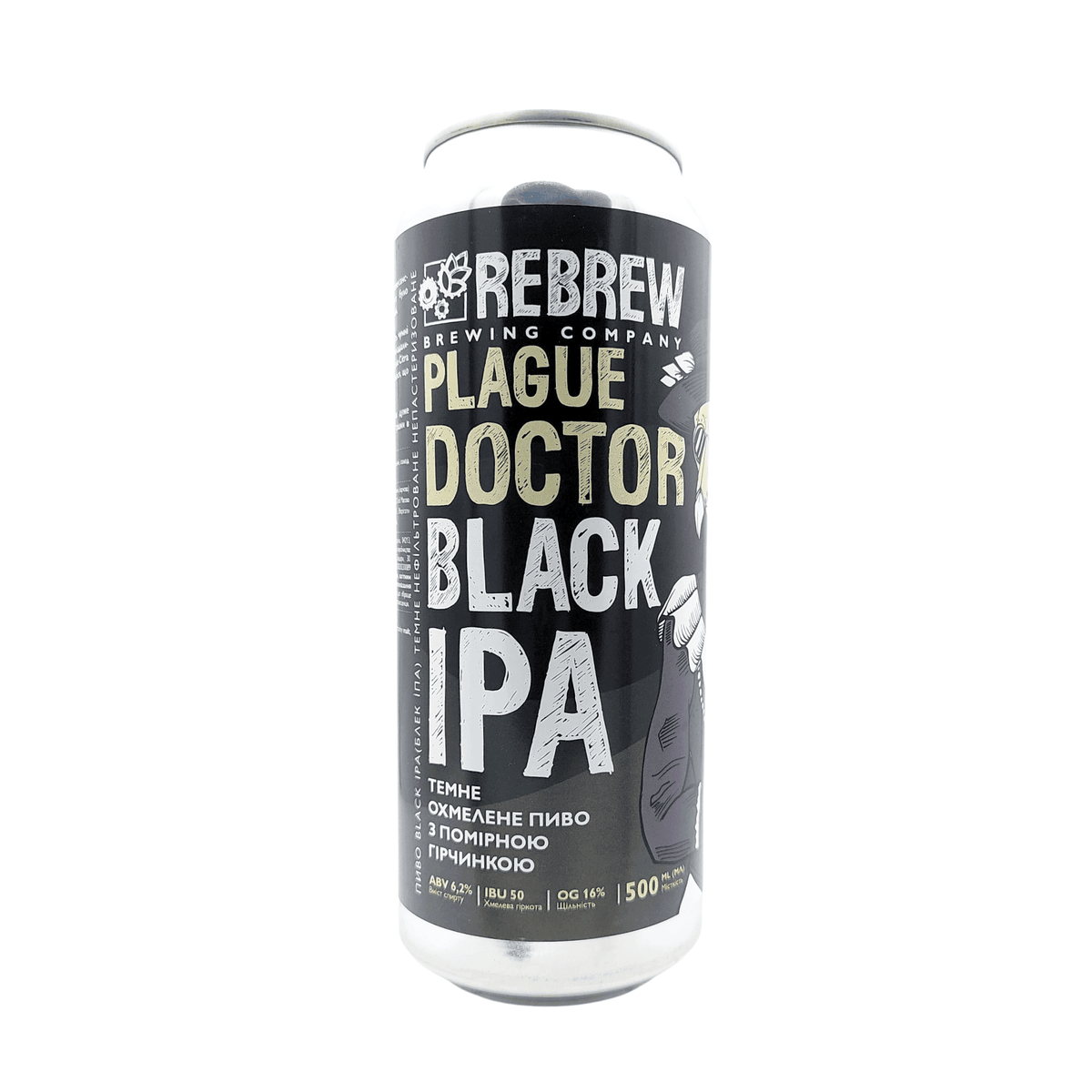 Plague Doctor van brouwerij Rebrew - black IPA van 6,2% in blik
