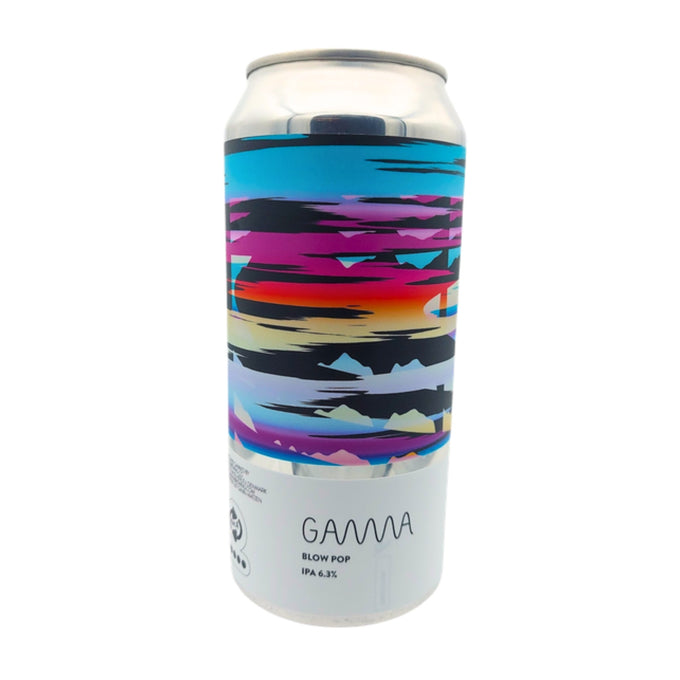 Blik Gamma Brewing Blow Pop, IPA 6,3%, met kleurrijk abstract zonsondergang-label