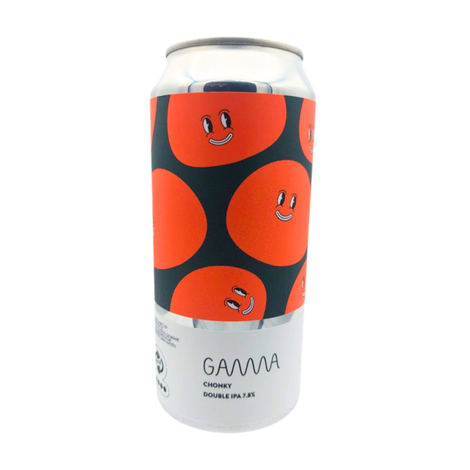 Blik Gamma Brewing Chonky, double IPA 7,8%, met oranje lachende figuren op donker label