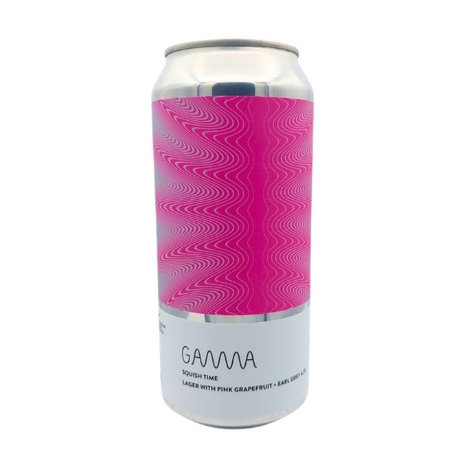 Blik Gamma Brewing Squish Time, lager met roze grapefruit en Earl Grey 4,7%, met roze golvend label