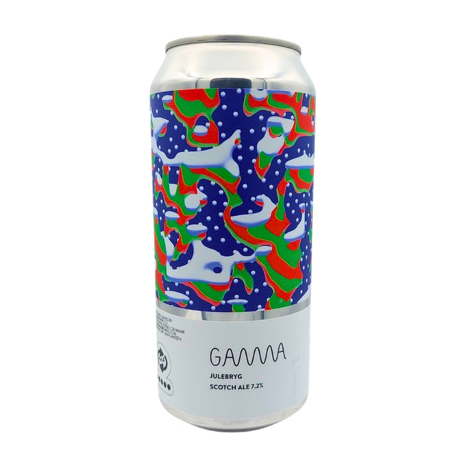 Blik Gamma Brewing Julebryg, Scotch ale 7,2%, met blauw-rood-groen winterlabel