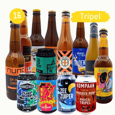 Tripel bierpakket met 16 verschillende tripels, o.a. Tulpenzee, Vuurvogel, Tridente, Fourchette, Apis, Turf 'n Surf, Wingman en Zeezuiper