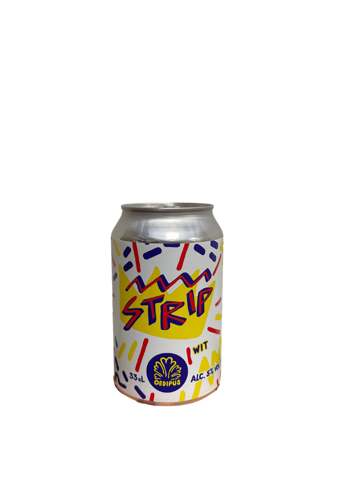 Strip van brouwerij Oedipus - Witbier van 5% in blik