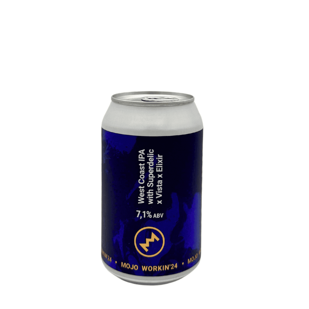 Mojo Workin'24 West Coast IPA blik met strak donkerblauw design.