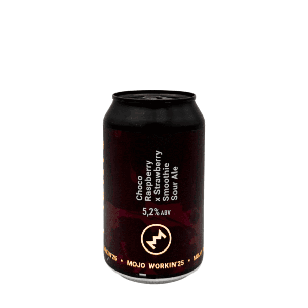 Mojo Workin'25 Choco Raspberry x Strawberry Smoothie Sour Ale blik met minimalistisch donker design.