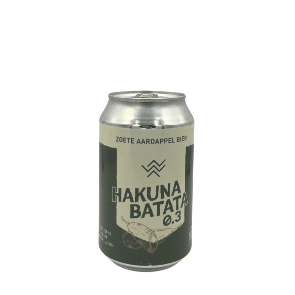 Hakuna Batata 0.3 zoete aardappel bier blik met minimalistisch ontwerp.