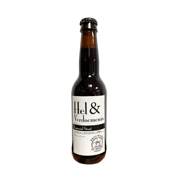 Brouwerij De Molen Hel & Verdoemenis Imperial Stout bierfles met minimalistisch zwart-wit label.