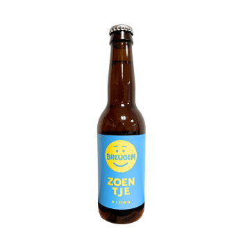 Breugem Zoentje Blond bierfles met speels blauw-geel label.