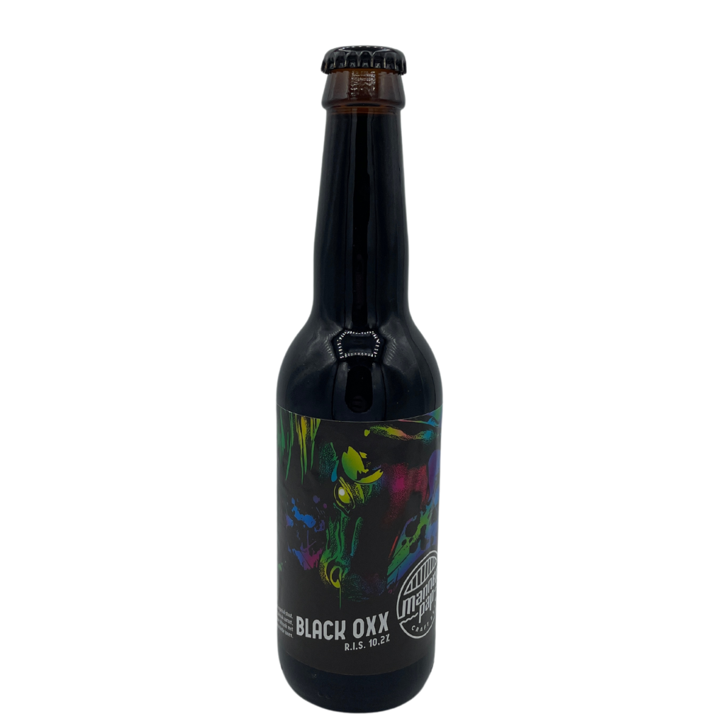 Mannenpap Black Oxx, een krachtige Russian Imperial Stout met 10,2% alcohol, vol van geroosterde smaken en donkere chocolade tonen.