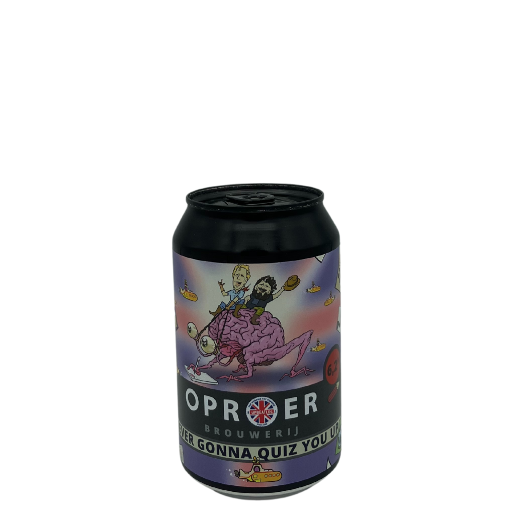 Afbeelding van Oproer x Upbeatles - Never Gonna Quiz You Up (Blond) – Een fruitig blond bier met een lichte bitterheid, perfect voor een gezellige avond.