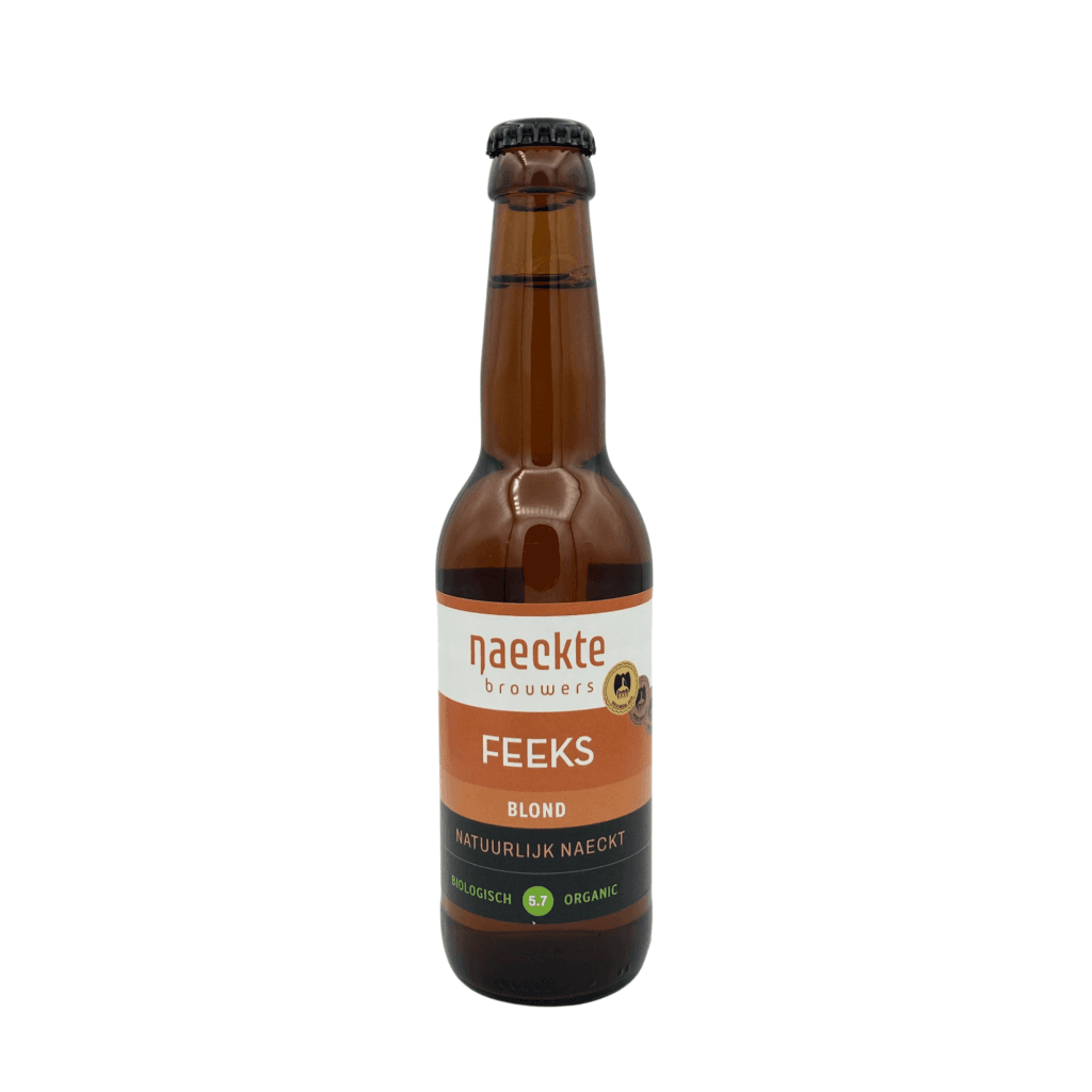 Naeckte Brouwers Feeks Blond bierfles met biologisch label.