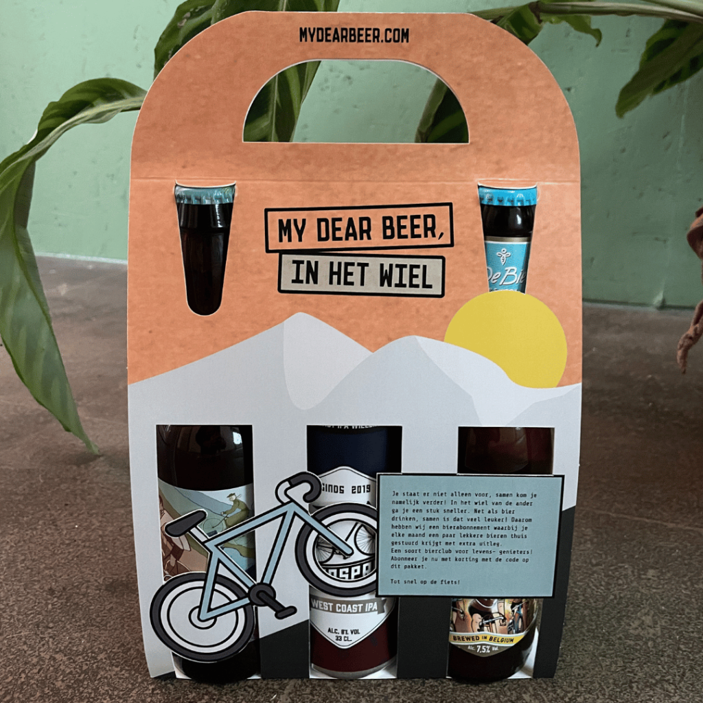 Fiets Bierpakket met drie speciaalbieren – Velo Tripel, Koerspret IPA, en Brugse Sportzot Alcoholvrij – perfect cadeau voor fietsliefhebbers.