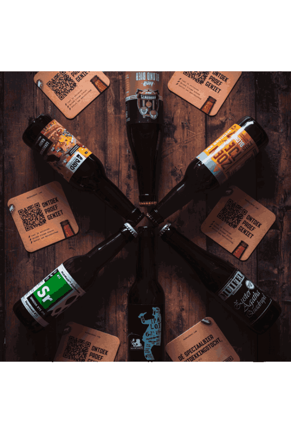 My Dear Beer pakket bieren in een cirkel met bierviltjes eromheen