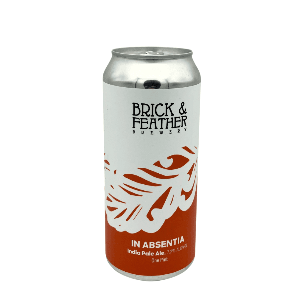 Brick & Feather In Absentia India Pale Ale blik met minimalistisch wit-oranje design.