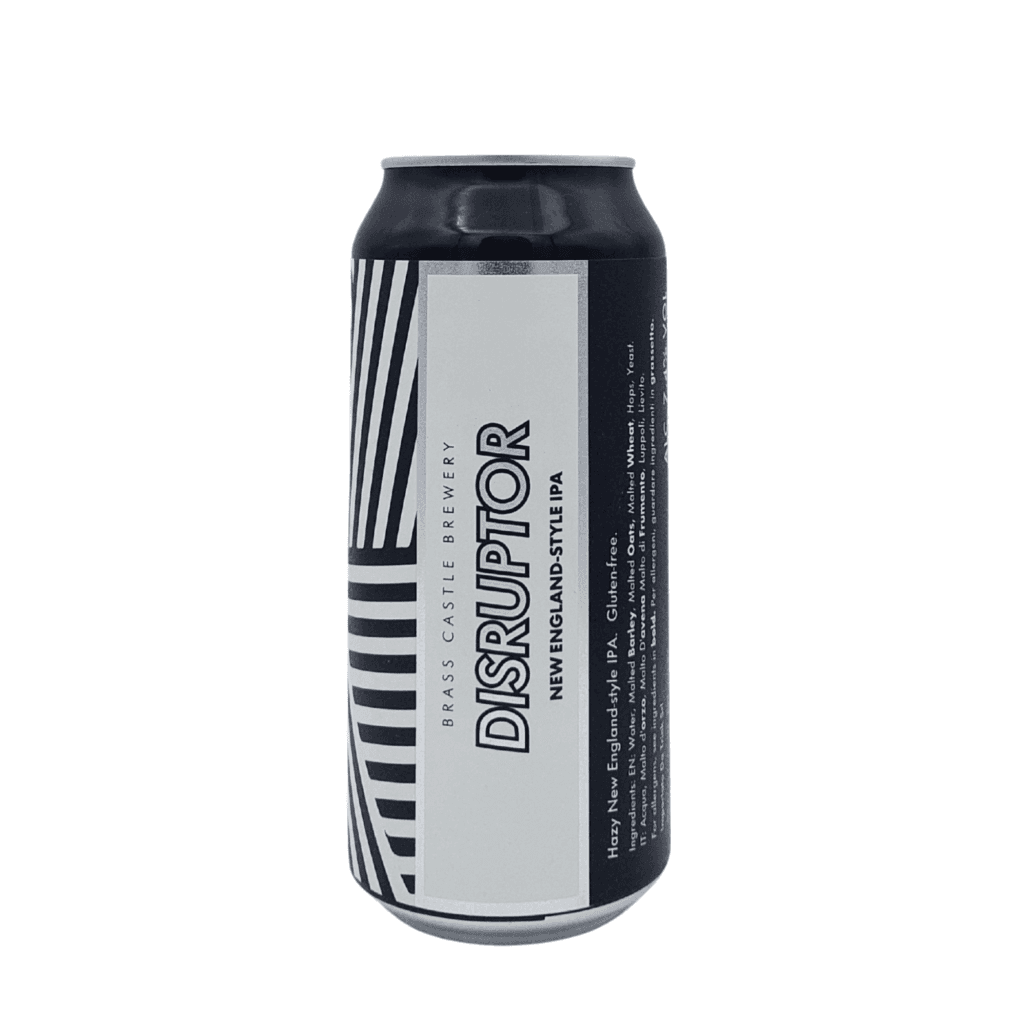 Brass Castle Disruptor New England-Style IPA blik met strak zwart-wit design.