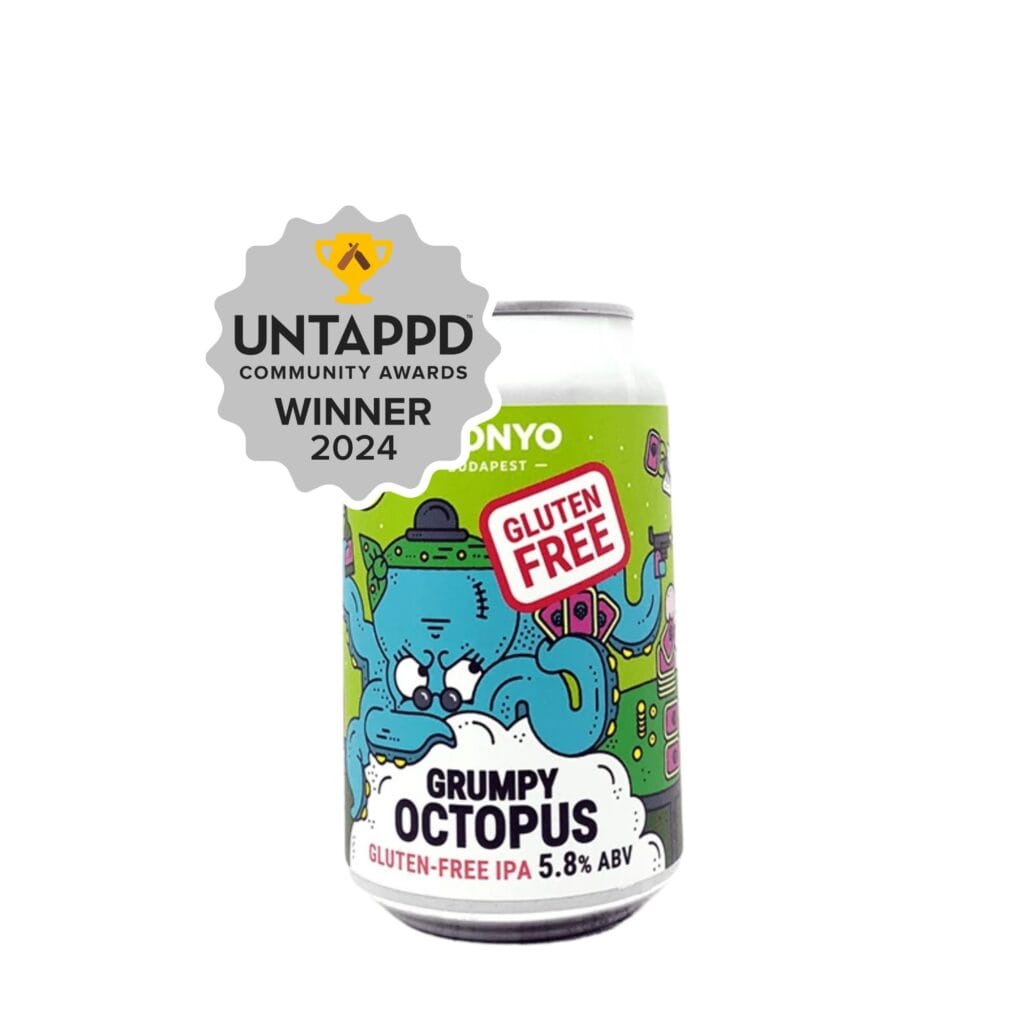 Grumpy Octopus Gluten Free IPA van Monyo Brewing, een verfrissende IPA met tropische fruittonen en citrus, perfect voor gluten-vrije bierliefhebbers.
