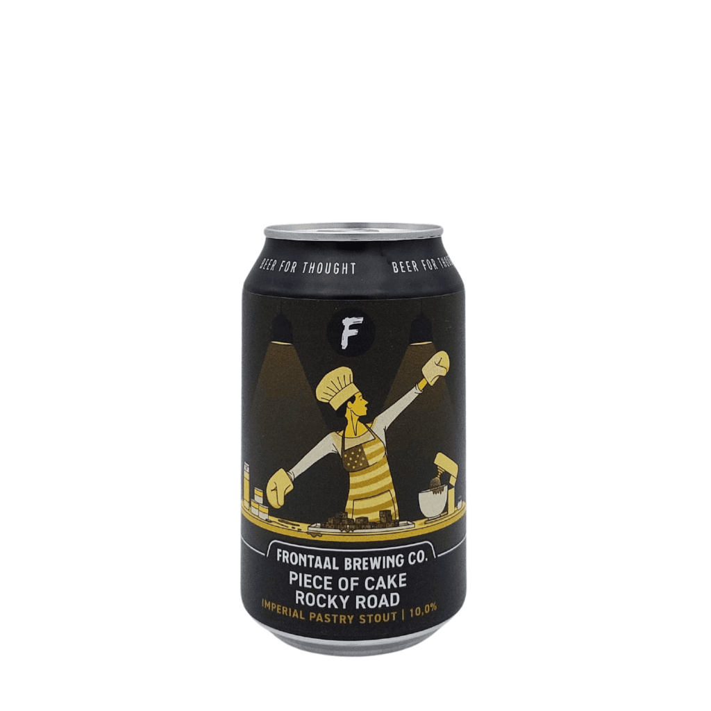 Blik Frontaal Piece of Cake: Rocky Road – een rijke Imperial Pastry Stout met smaken van chocolade, marshmallow en noten.