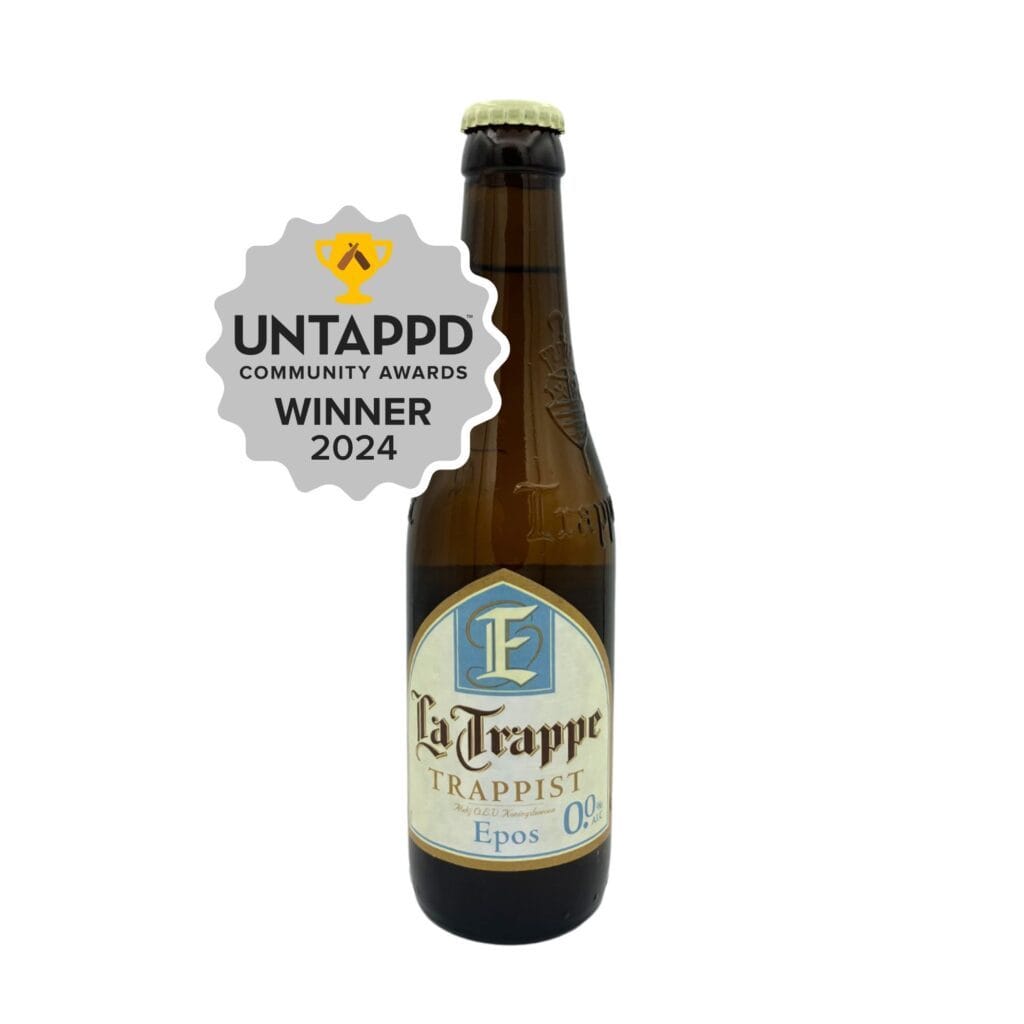 Fles La Trappe Epos 0.0% Trappistenbier met een klassieke blauwe en crèmekleurige label, voorzien van een Untappd Community Awards 2024 Winner embleem.