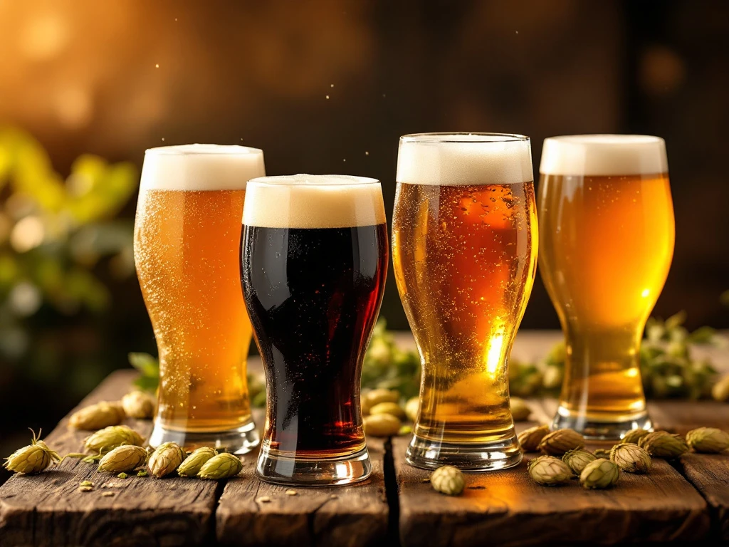 Borrelpakket - voor thuis of op kantoor! 3 Diverse ambachtelijke bieren in karakteristieke glazen op rustieke houten tafel, geaccentueerd door warm licht, biervaten en hop op de achtergrond.