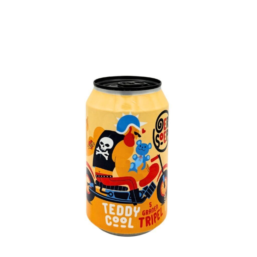 Teddy Cool 5 Granen Tripel – een Belgische tripel met een speelse illustratie van een teddybeer op een motor.