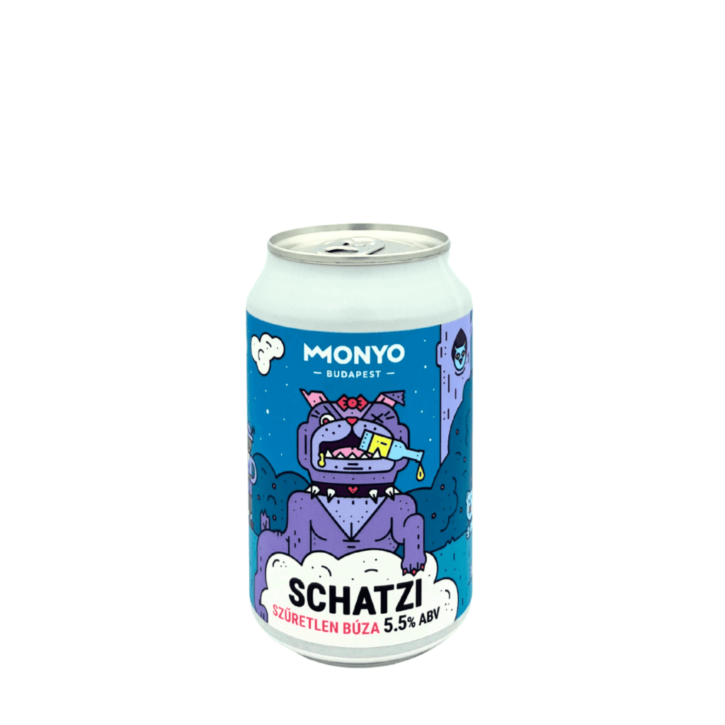 Monyo Schatzi Szűretlen Búza tarwebier blik met speels blauw-paars design.