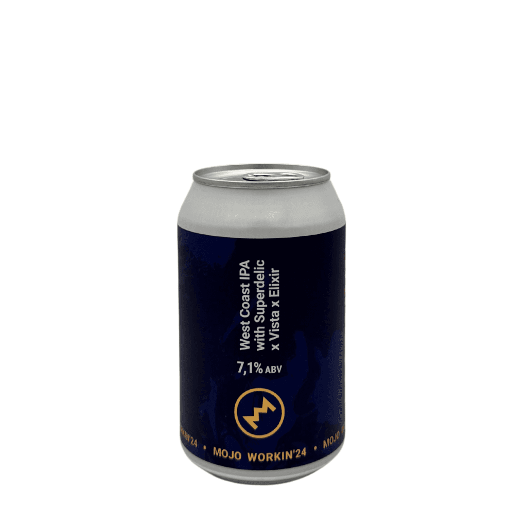 Mojo Workin'24 West Coast IPA blik met strak donkerblauw design.