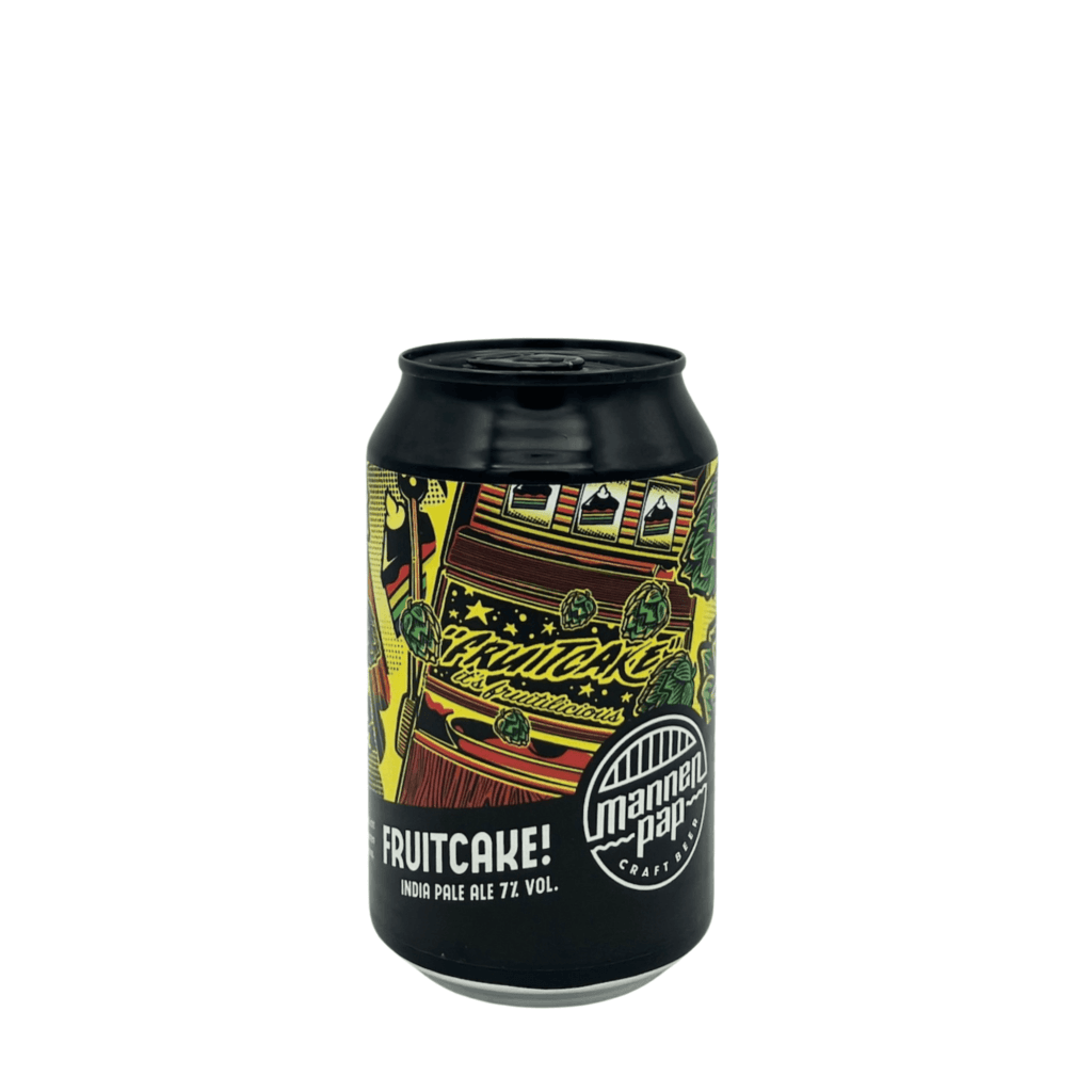 Mannenpap Fruitcake IPA blik met opvallend illustratief ontwerp in zwart-geel-rood.