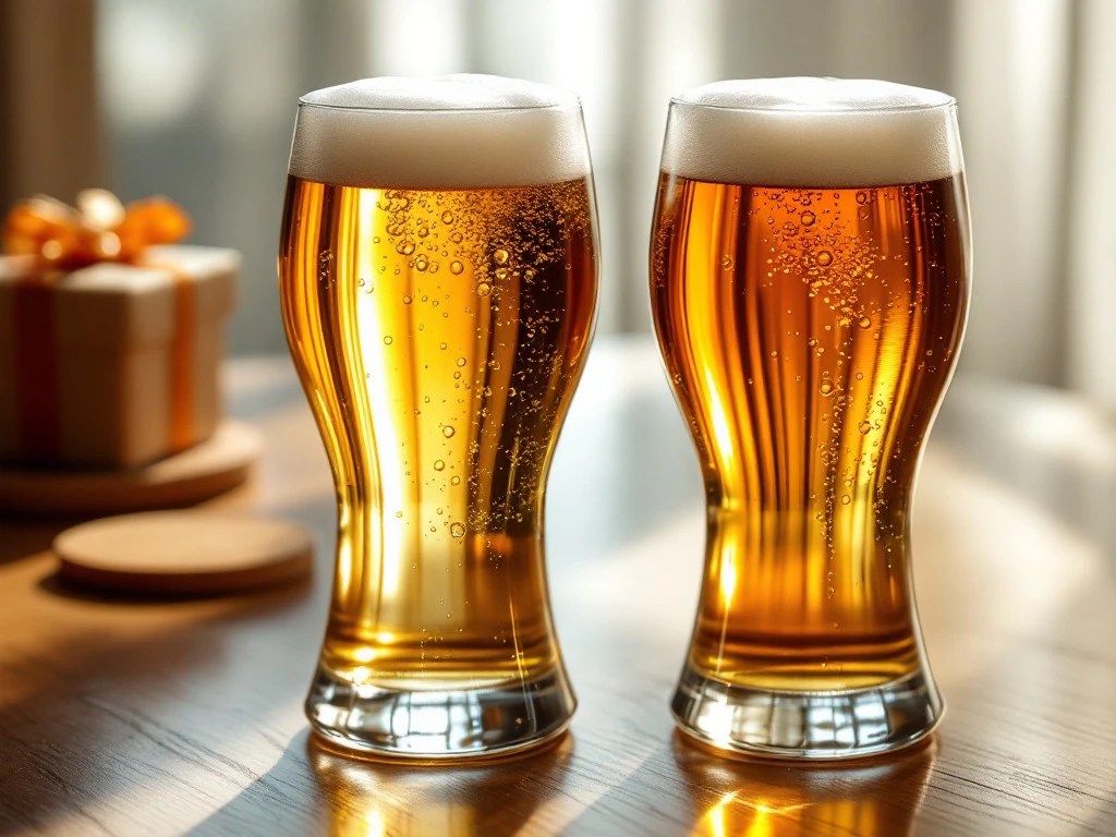 Twee elegante bierglazen met alcoholvrij bier op een houten tafel. Gouden en ambachtelijk amber bier met schuimkraag in zonlicht, met Vaderdag cadeau op achtergrond.