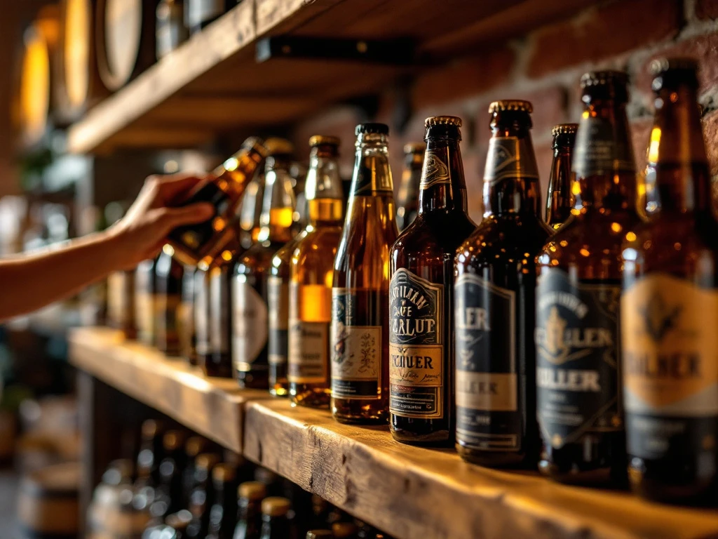 Hand reikt naar ambachtelijk bierflesje op rustieke houten plank in specialiteitenwinkel, omringd door diverse ambachtelijke bieren in warm gouden licht.