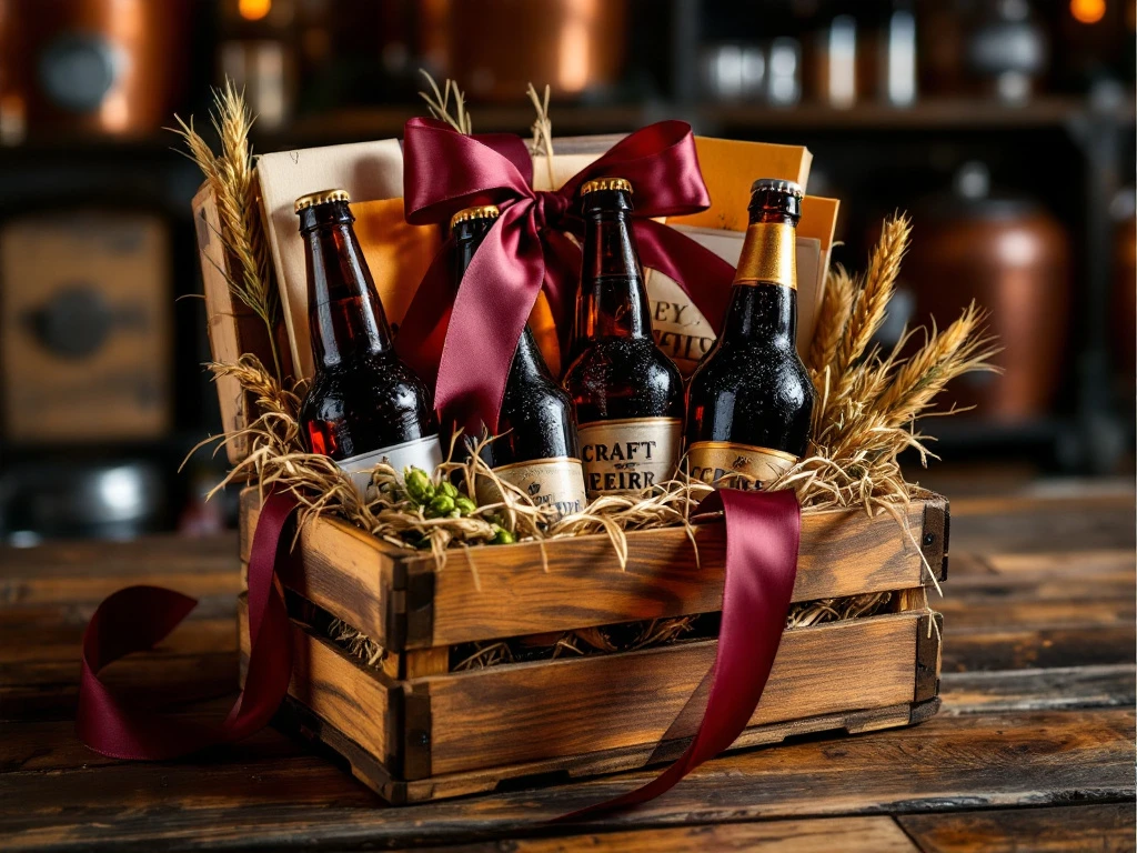 Luxe houten geschenkkist met ambachtelijke bierflessen, versierd met bourgondisch lint, op rustieke tafel met brouwketels op de achtergrond.
