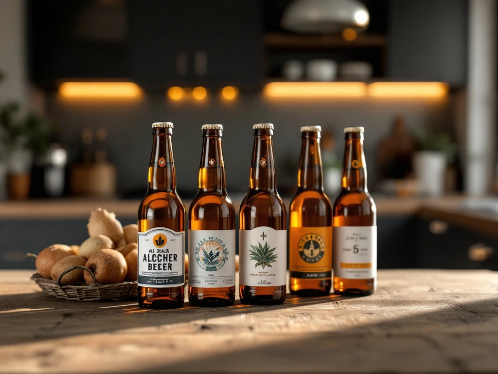 Een fotorealistische afbeelding van ambachtelijke bierflessen, waaronder alcoholvrije, op een rustieke tafel in een sfeervolle keuken.