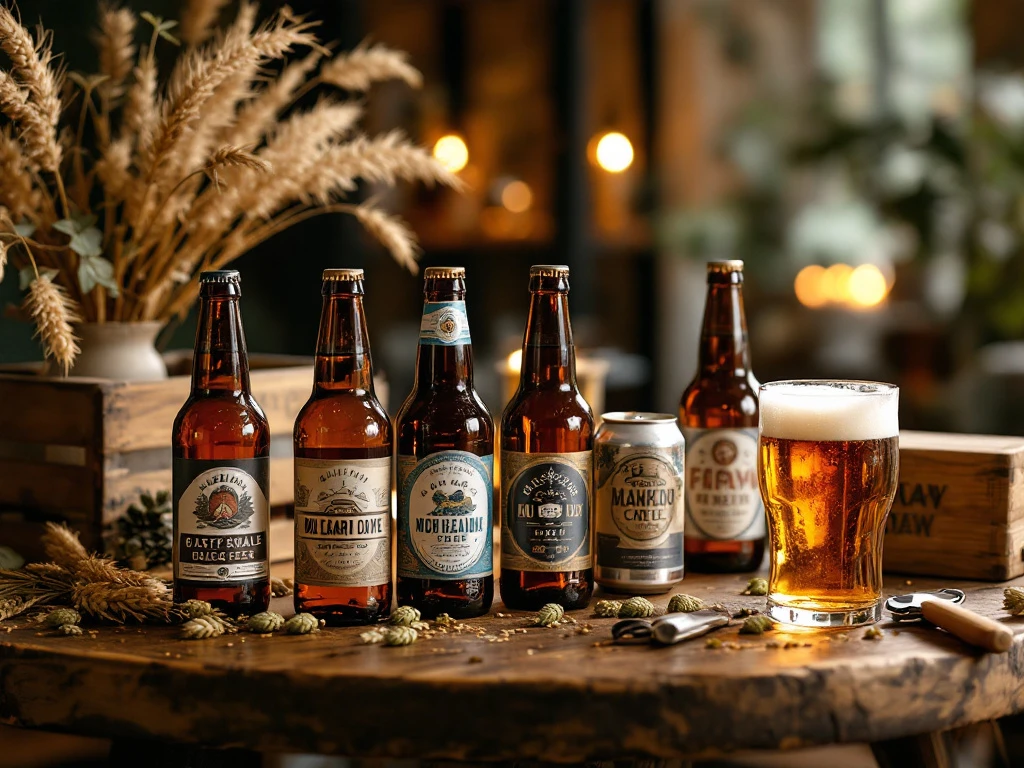 Een rustieke tafel met ambachtelijke bierflessen en -blikken, omgeven door hop en gerst, in warme verlichting met een halfvol bierglas.