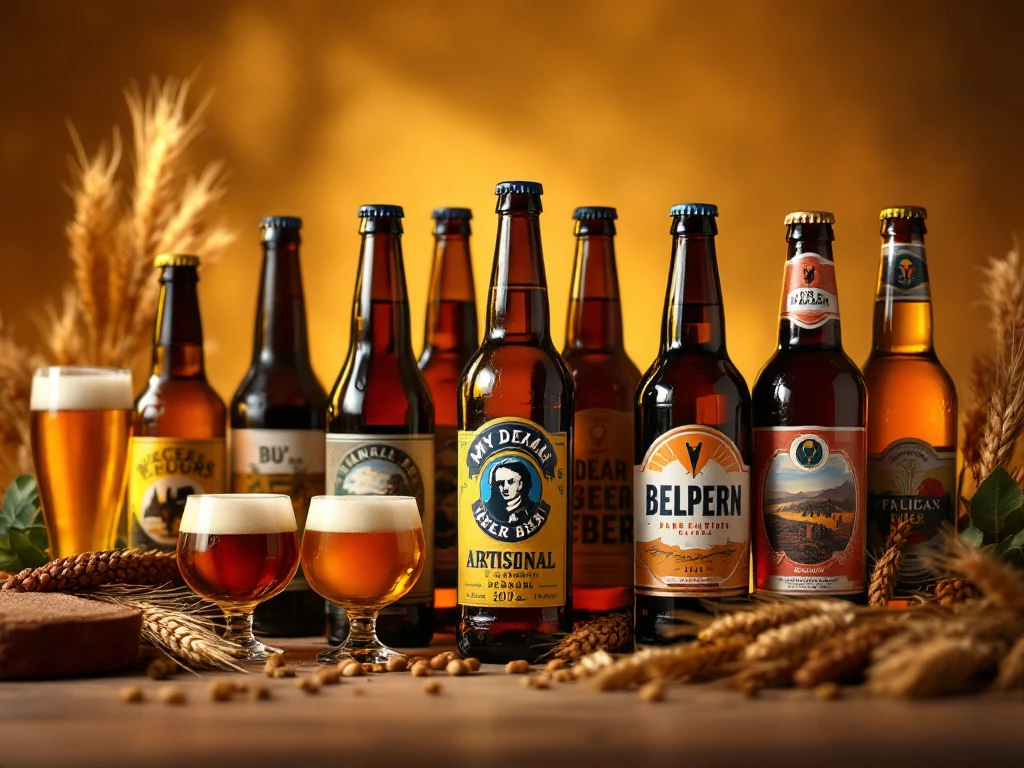 Arrangement van ambachtelijke bierflessen en glazen met diverse bieren, omringd door hop en gerst, in warme, sfeervolle verlichting.