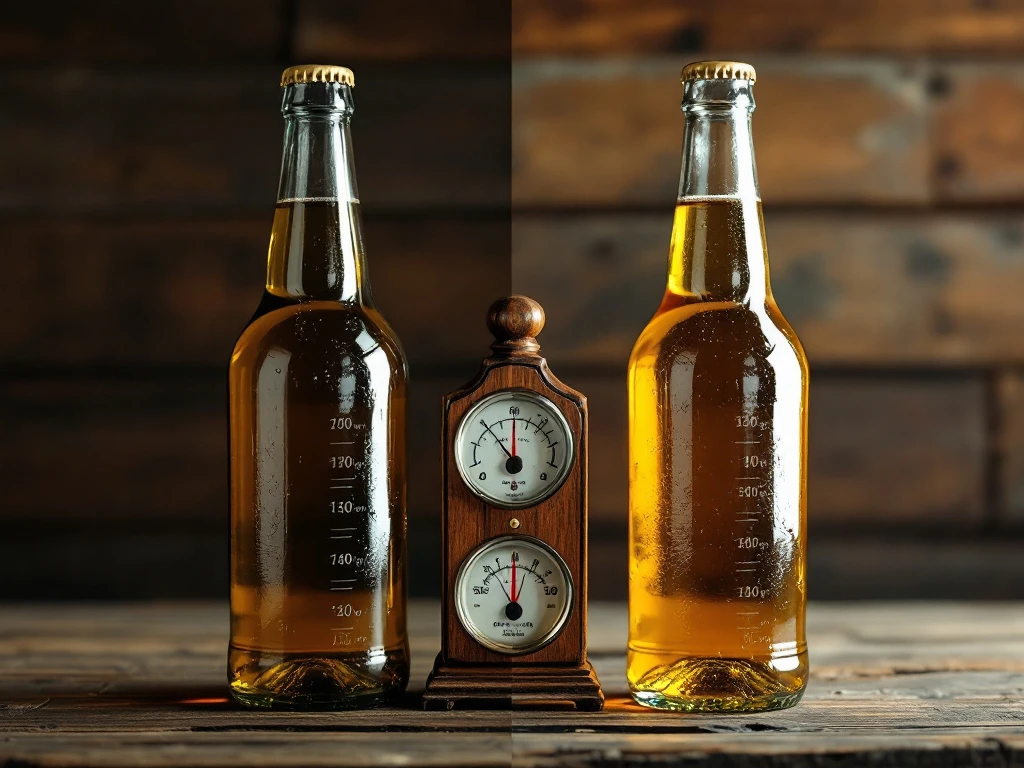 Twee flessen blond bier vergelijken optimale en slechte opslag, met temperatuur- en vochtmeter in een traditionele bierkelder.