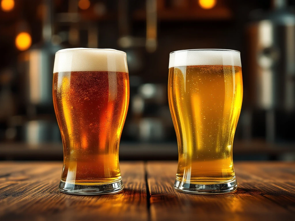 Vergelijking van een troebel ambachtelijk bier en een helder commercieel lager in twee glazen, geplaatst op een rustieke houten bar met contrasterende brouwerijachtergronden.