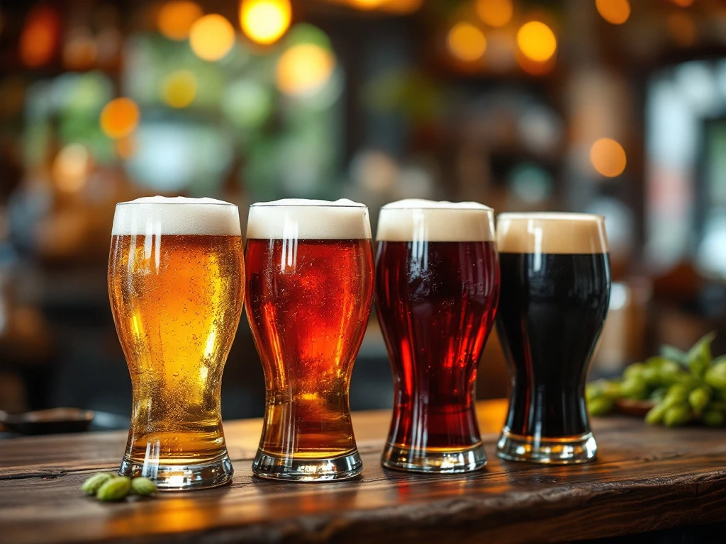 Vier verschillende bierglazen op een rustieke houten bar – lichtblond pilsner, koperkleurig amber, robijnrood speciaalbier en donkere stout in een gezellige Nederlandse kroegsfeer.