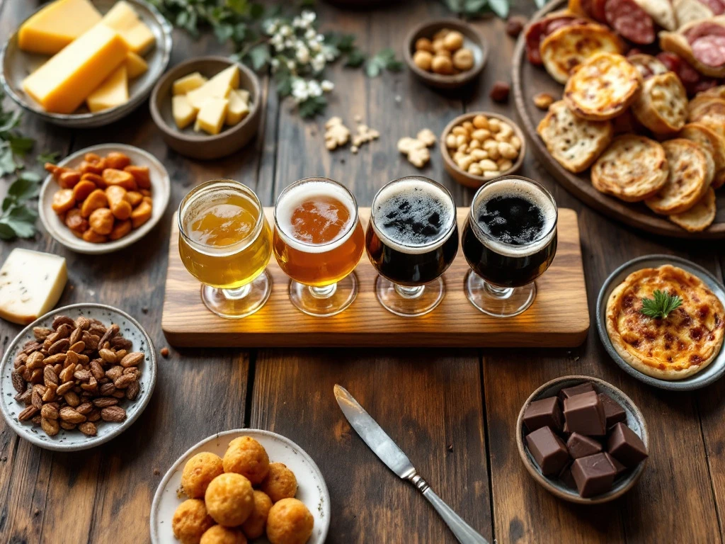 Ambachtelijke bierproeverij op houten tafel met vier bierstijlen en bijpassende hapjes: kaas, worst, brood, bitterballen en chocolade in warm natuurlijk licht.