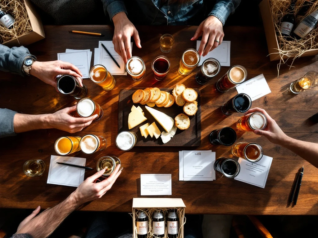 Elegante thuisbierproeverij met diverse bierglazen in halve cirkel, proefnotities, water, brood en kaas op houten tafel, met ambachtelijke biergeschenken.