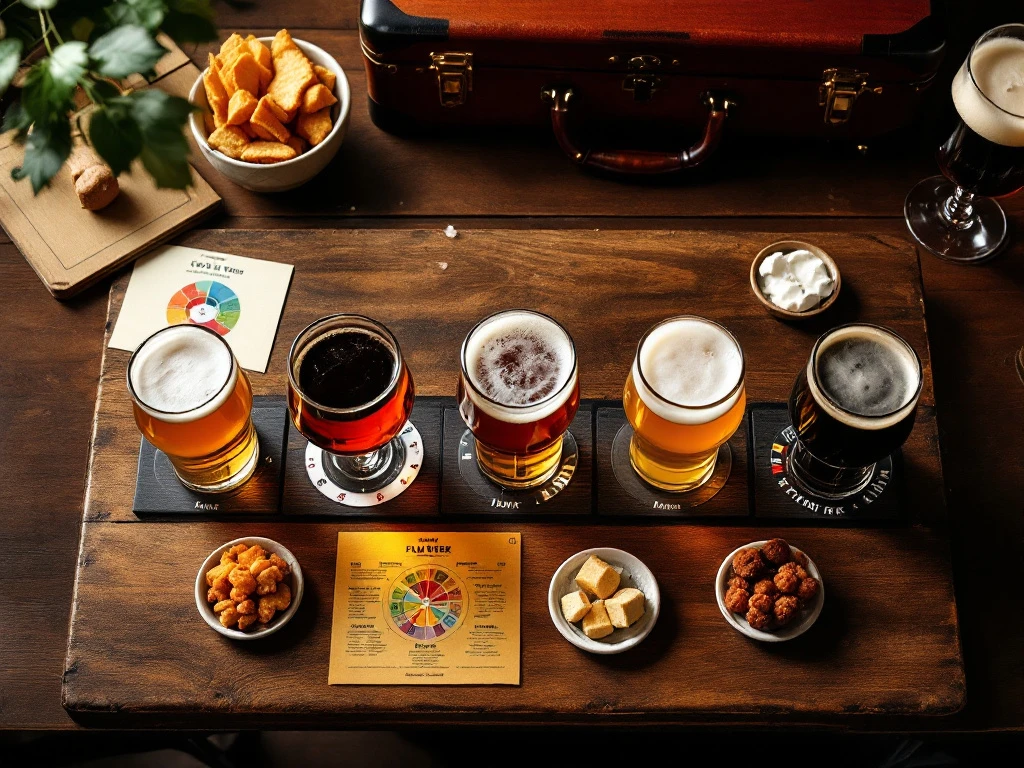 Professionele bierproeverij thuis met vijf ambachtelijke bieren in speciale glazen, proefnotities, smaakwiel en bijpassende hapjes op een rustieke houten tafel.