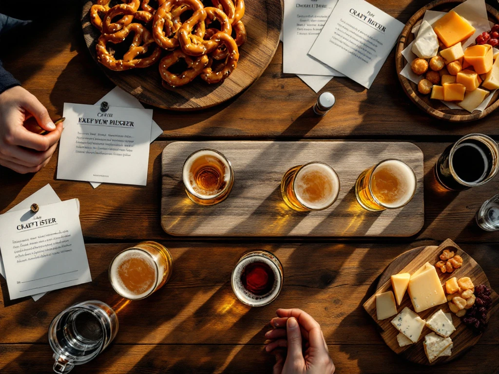Elegante thuisbierproeverij met vijf ambachtelijke bieren in proefglazen, van licht pilsner tot donker stout, met bijpassende hapjes op rustieke houten tafel.