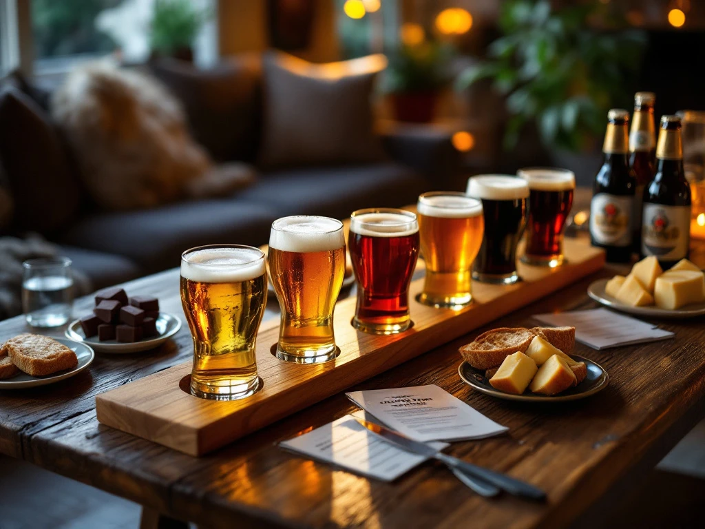 Stijlvolle thuisbierproeverij met vijf glazen van pilsner tot stout, geserveerd met kaas, brood en chocolade in een warme woonkameromgeving