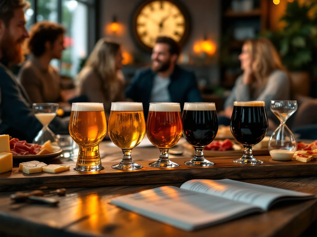 Gezellige bierproeverij met vijf ambachtelijke bieren op houten tafel, compleet met kaas- en vleeswaren. Vrienden genieten samen in warme woonkamersfeer.