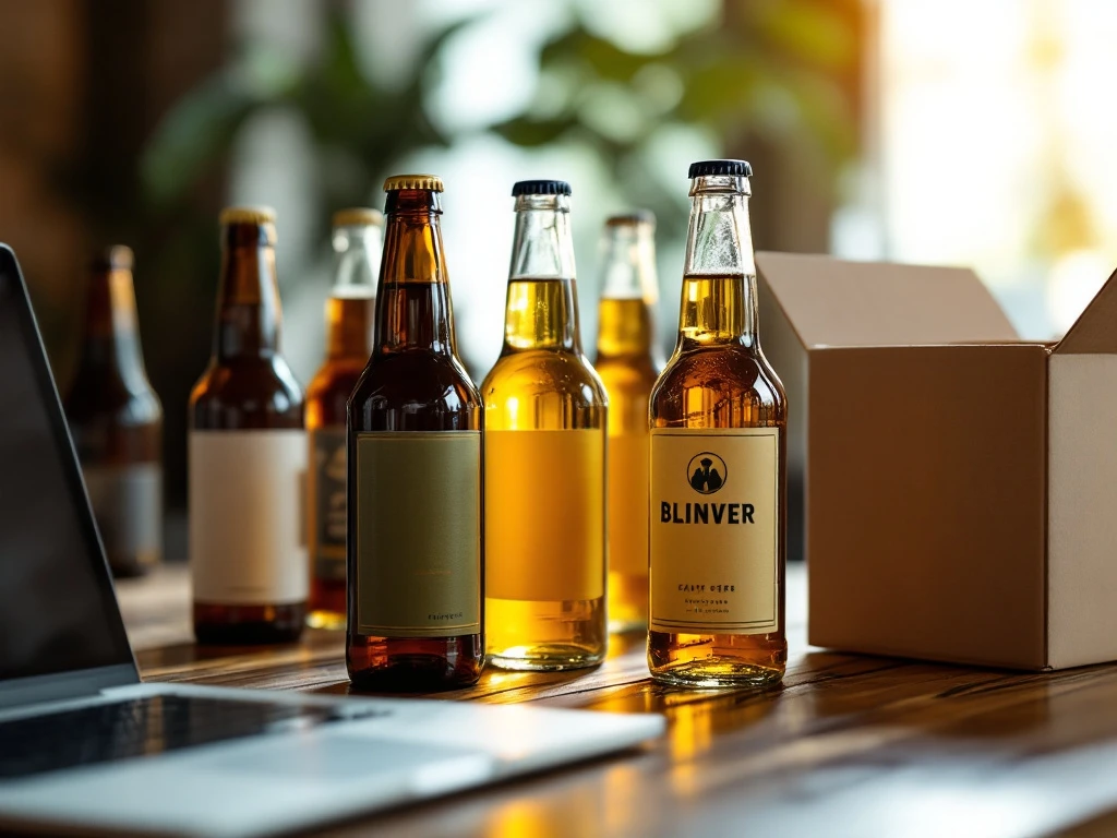Diverse ambachtelijke bierflesjes met unieke etiketten op rustieke houten tafel naast laptop en bezorgdoos, getoond in warm licht.