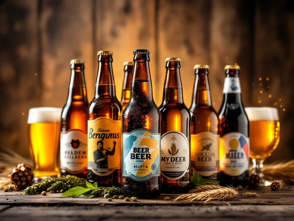 Een luxe selectie bieren op rustieke houten achtergrond, met glinsterende flessen en kleurrijke labels, omgeven door hop en gerst.